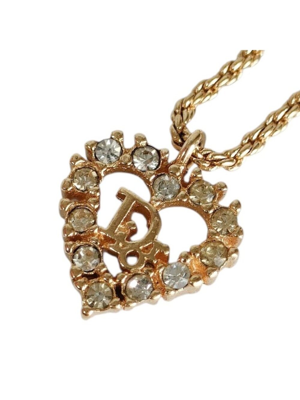 Dior Vintage Heart Logo Rhinestone Chain Necklace Gold Plated Colored